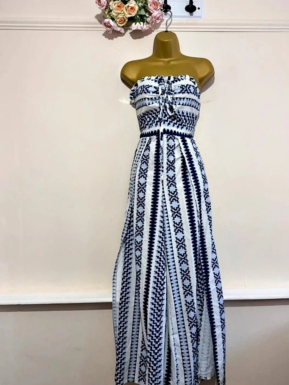 Strapless Geometric Maxi Dress in Blue & White Like New